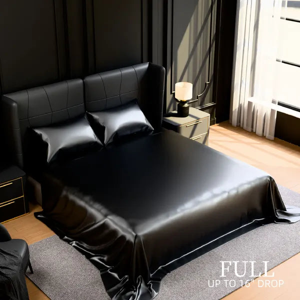 Full Satin Sheets Black 4PC Set 15in Deep Pocket Silky Soft Polyester Bedding