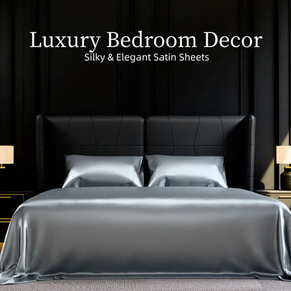 Full Size Satin Sheet Set 4 Piece Gray Silky Soft 15in Deep Pocket Bedding