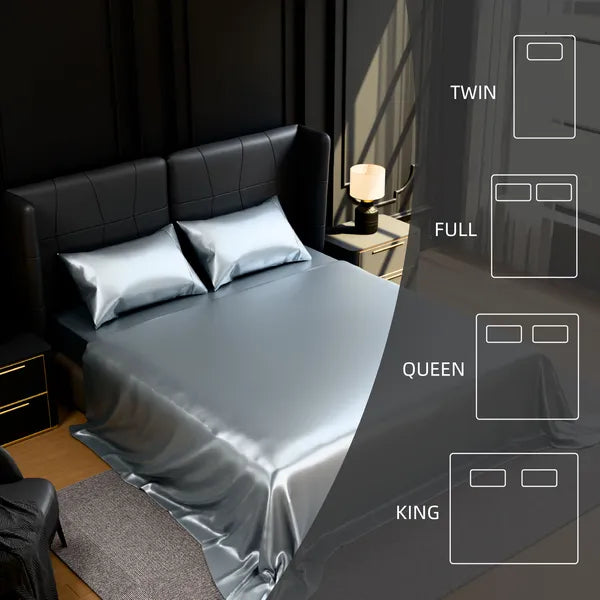 Full Size Satin Sheet Set 4 Piece Gray Silky Soft 15in Deep Pocket Bedding