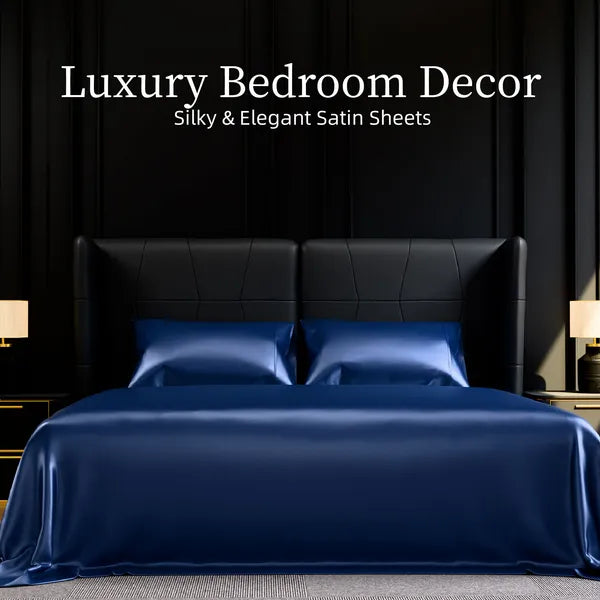 Full Satin Sheet Set 4PC Navy Blue Silky Soft 15in Deep Pocket Bed Sheets 90GSM