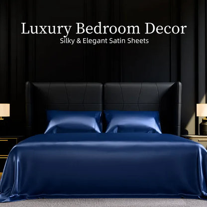 Full Satin Sheet Set 4PC Navy Blue Silky Soft 15in Deep Pocket Bed Sheets 90GSM