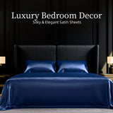Full Satin Sheet Set 4PC Navy Blue Silky Soft 15in Deep Pocket Bed Sheets 90GSM