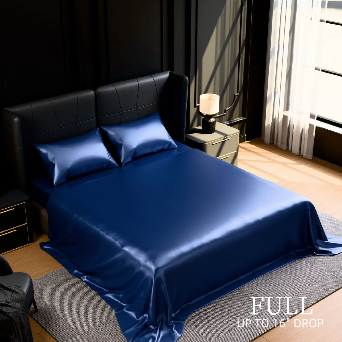 Full Satin Sheet Set 4PC Navy Blue Silky Soft 15in Deep Pocket Bed Sheets 90GSM