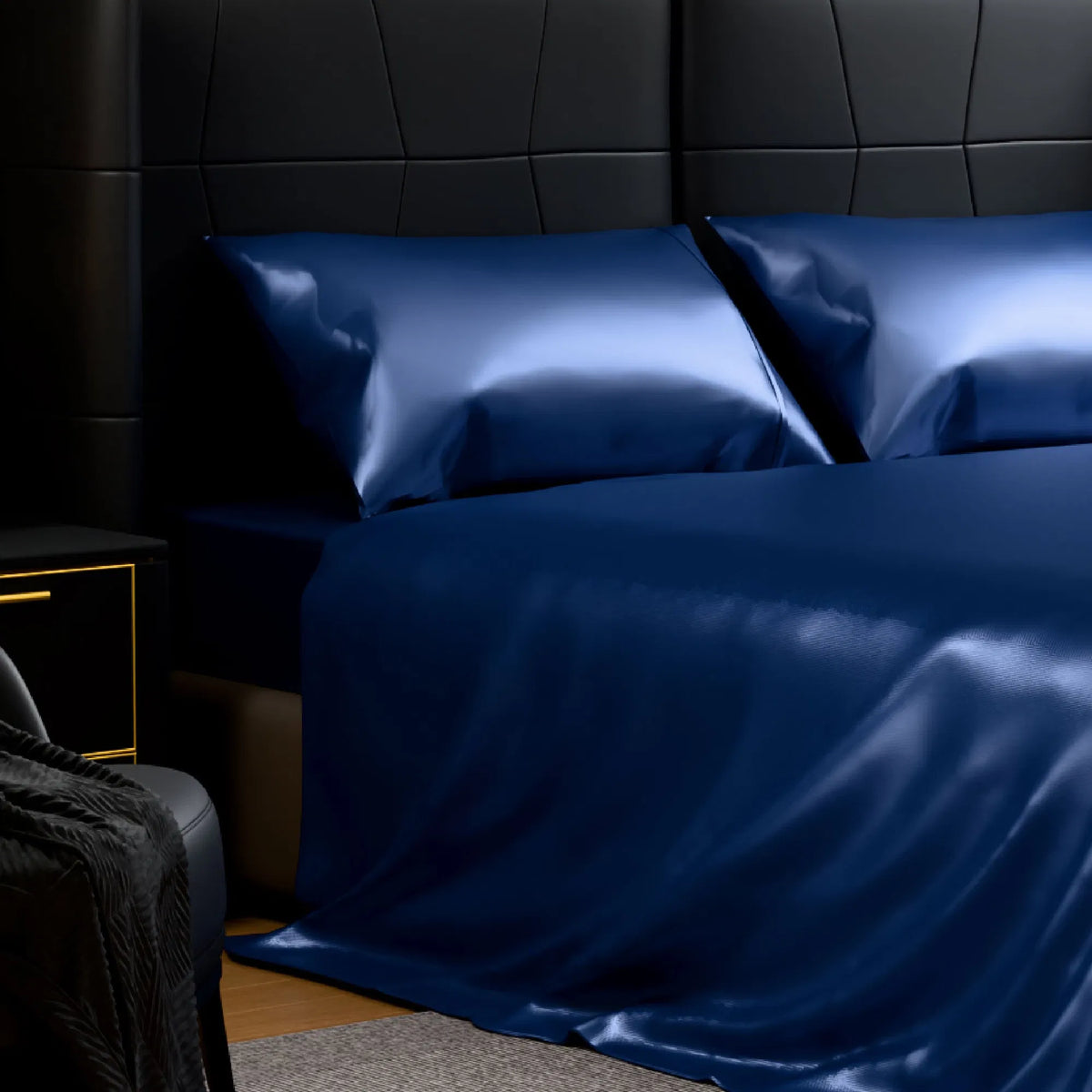 Full Satin Sheet Set 4PC Navy Blue Silky Soft 15in Deep Pocket Bed Sheets 90GSM