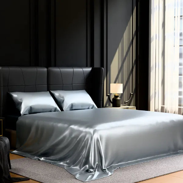 King Satin Sheets 4 Piece Grey Silky 14" Deep Pocket Polyester Bedding Set