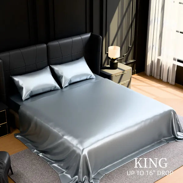 King Satin Sheets 4 Piece Grey Silky 14" Deep Pocket Polyester Bedding Set