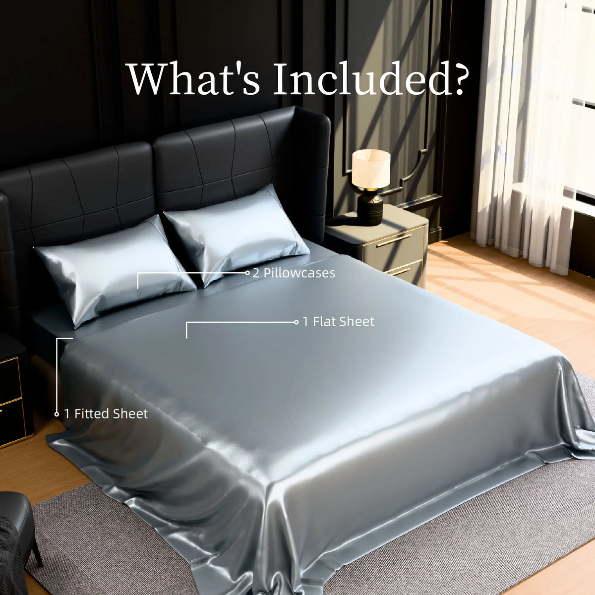 King Satin Sheets 4 Piece Grey Silky 14" Deep Pocket Polyester Bedding Set