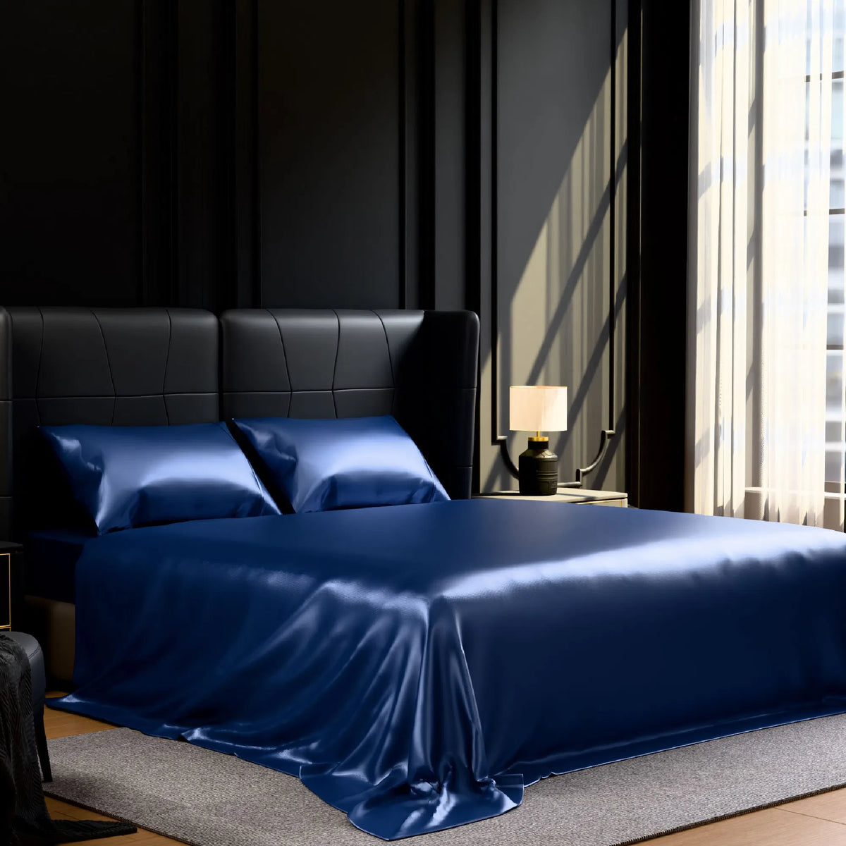 King Satin Sheets 4PC Navy Blue Silky Soft 14" Deep Pocket Bedding Sheet Set