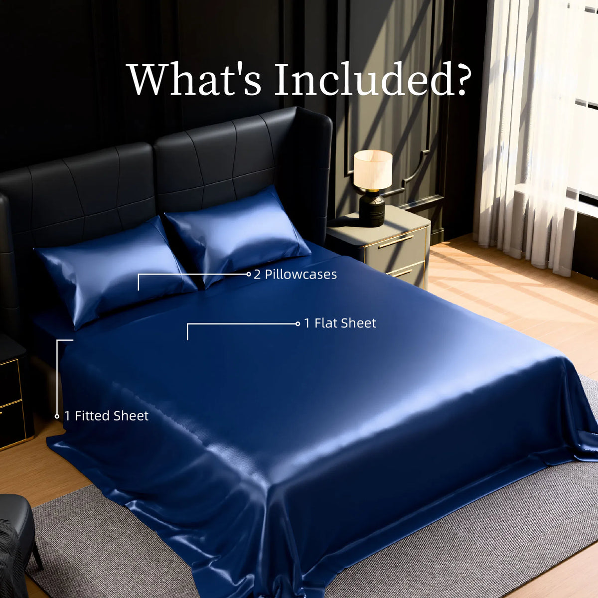 King Satin Sheets 4PC Navy Blue Silky Soft 14" Deep Pocket Bedding Sheet Set