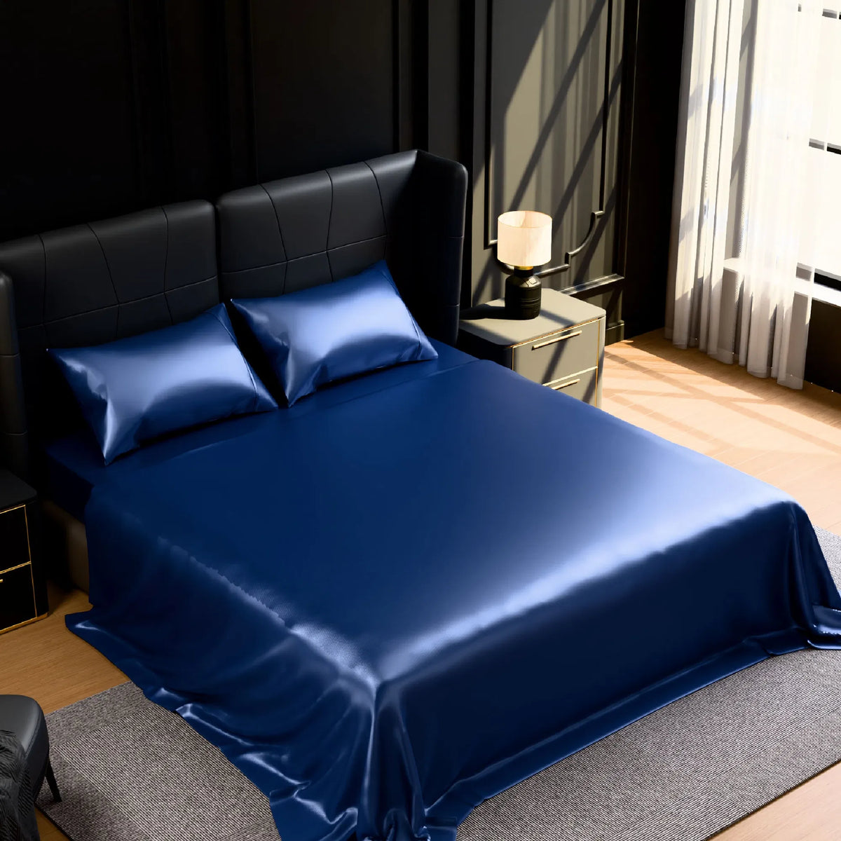 King Satin Sheets 4PC Navy Blue Silky Soft 14" Deep Pocket Bedding Sheet Set