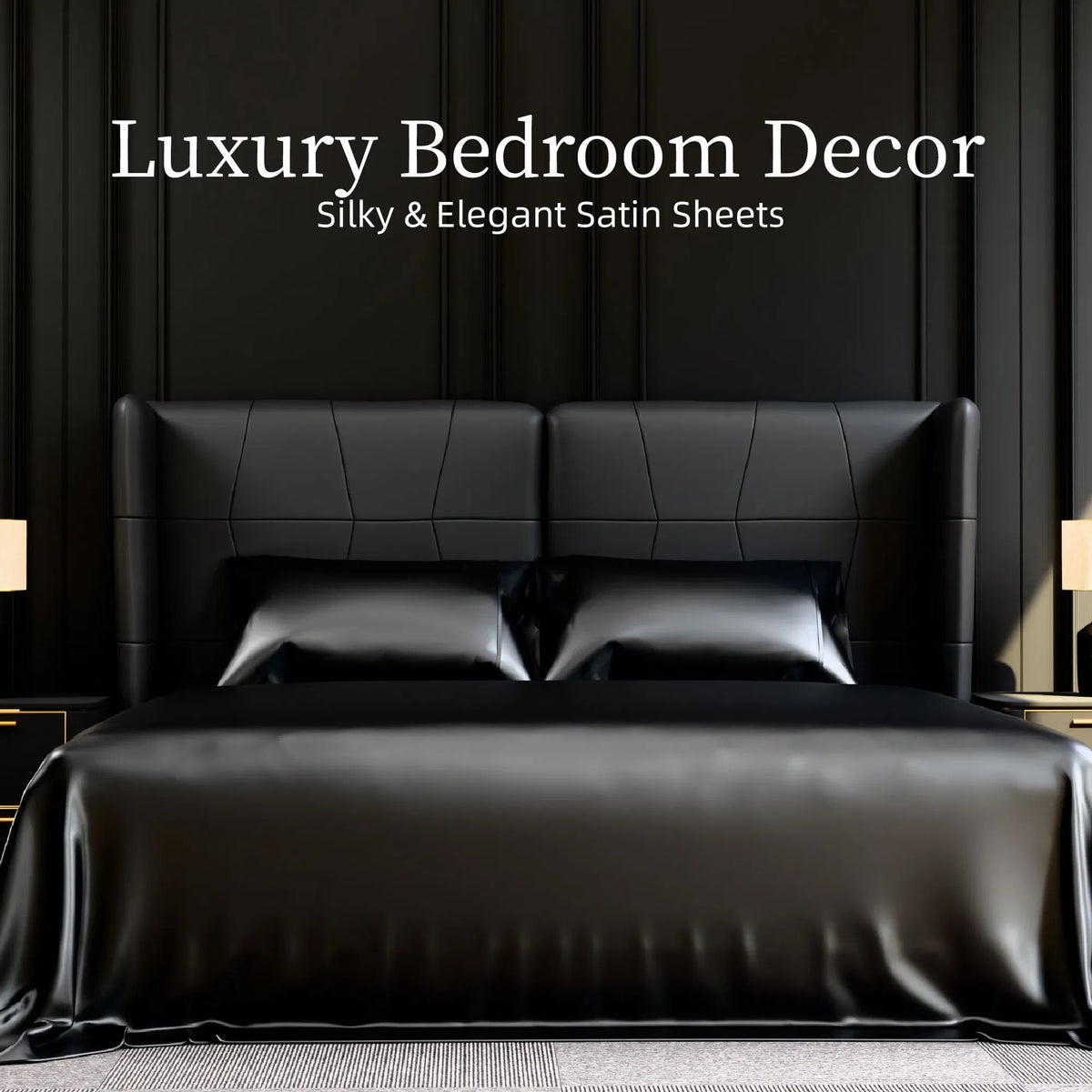 Queen Satin Sheets Black 4 Piece Silky 90GSM Bed Set 15" Deep Pocket Fitted