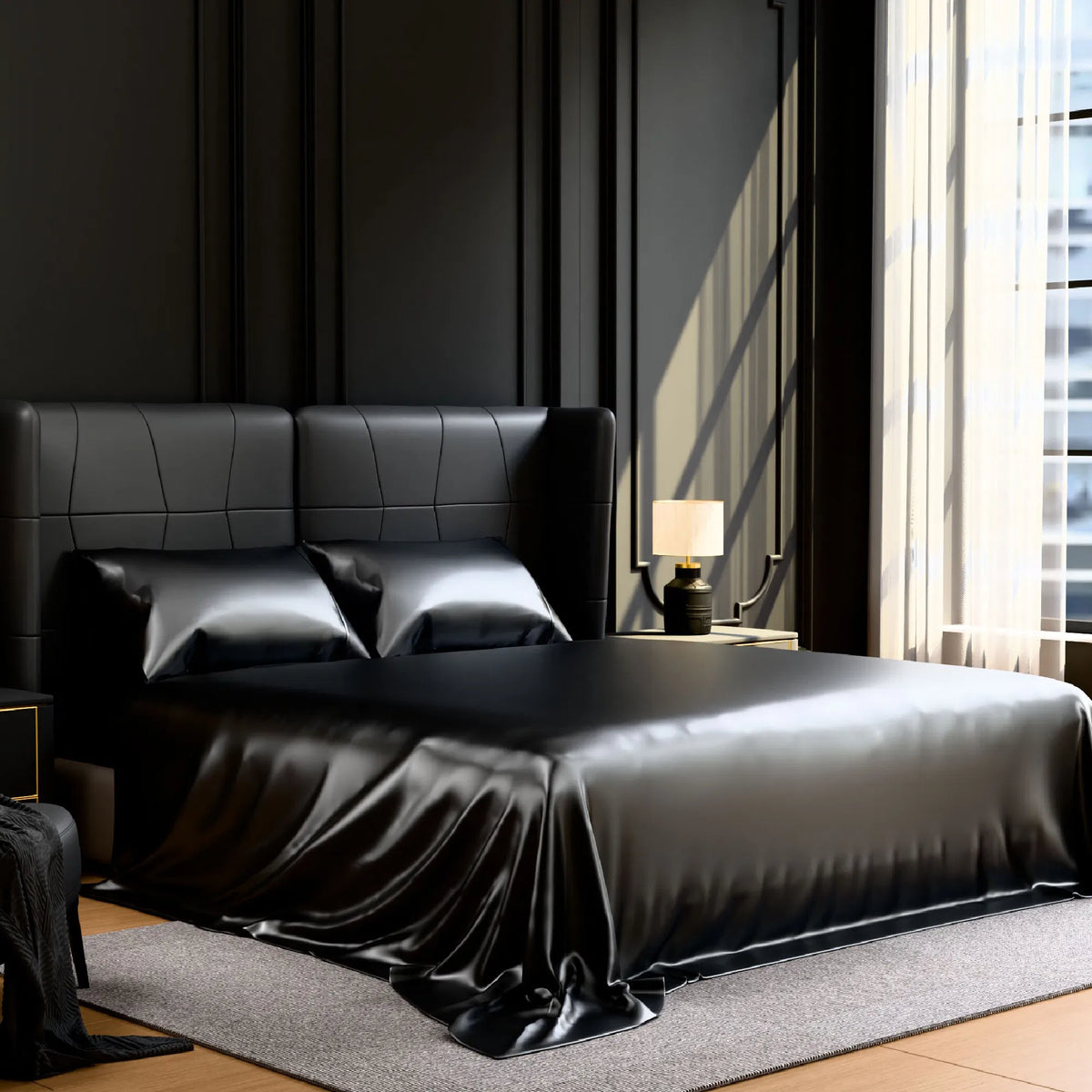 Queen Satin Sheets Black 4 Piece Silky 90GSM Bed Set 15" Deep Pocket Fitted
