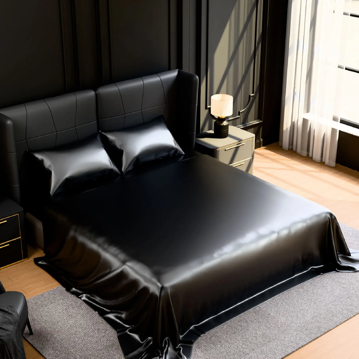 Queen Satin Sheets Black 4 Piece Silky 90GSM Bed Set 15" Deep Pocket Fitted