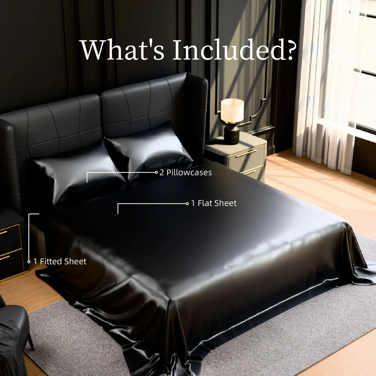 Queen Satin Sheets Black 4 Piece Silky 90GSM Bed Set 15" Deep Pocket Fitted