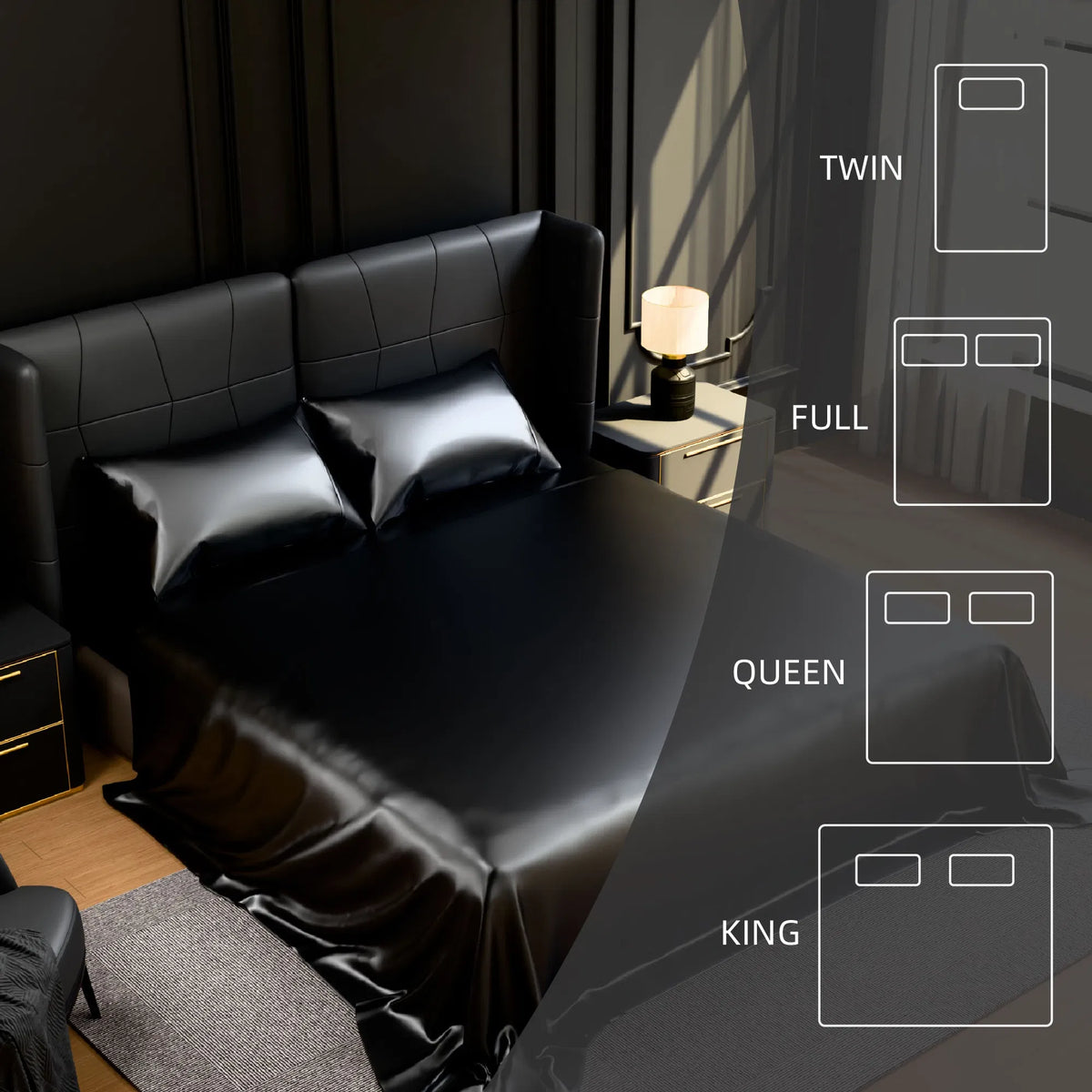 Queen Satin Sheets Black 4 Piece Silky 90GSM Bed Set 15" Deep Pocket Fitted