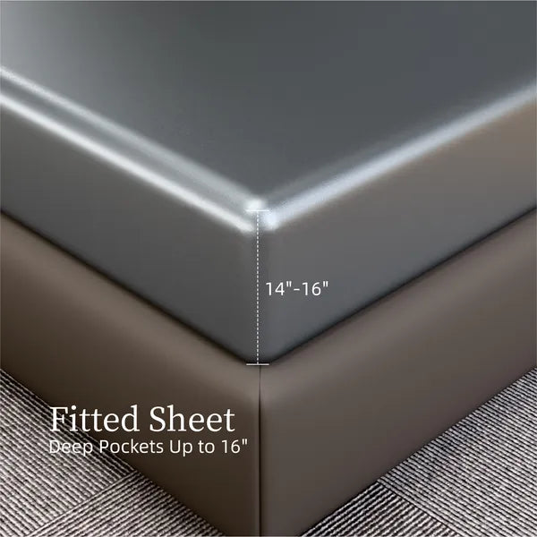 Queen Satin Sheets 4PC Gray Silky Deep Pocket Fitted Bed Sheet Set 90 GSM