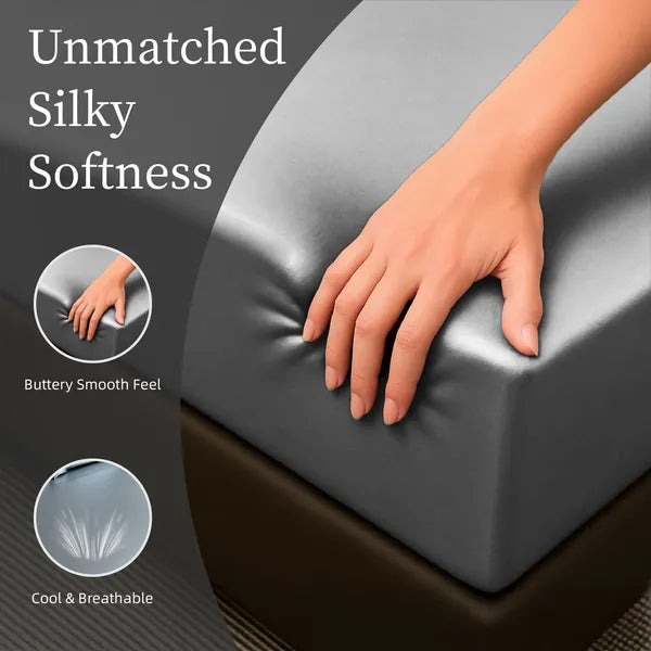 Queen Satin Sheets 4PC Gray Silky Deep Pocket Fitted Bed Sheet Set 90 GSM