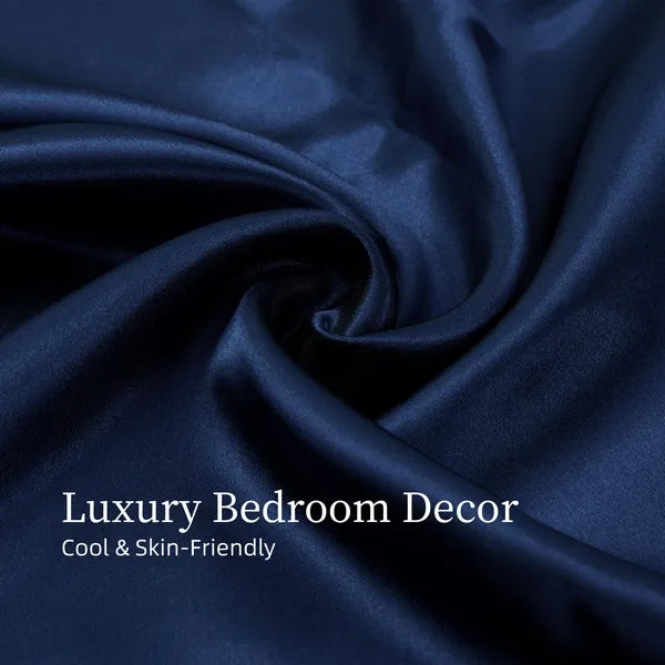Twin Satin Sheets 3PC Navy Blue Silky Soft 15in Deep Pocket Bedding Sheet Set