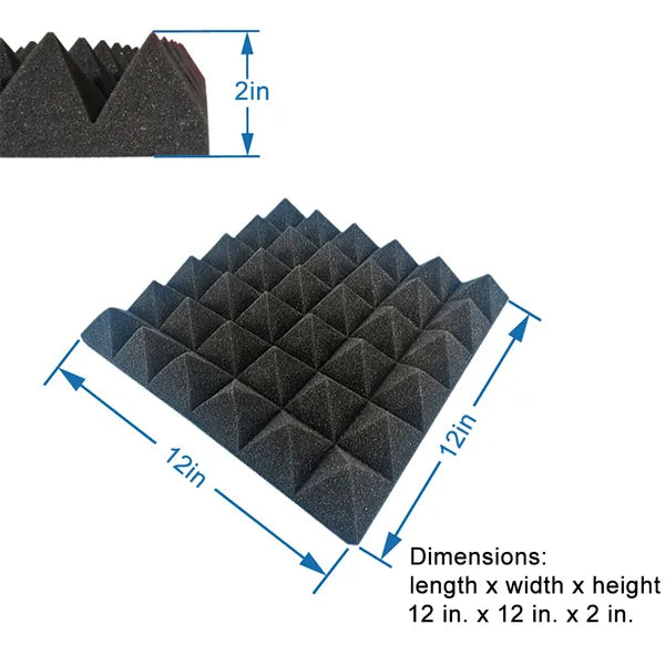 12 Pack Acoustic Foam Panels 12x12 Black Pyramid Sound Absorbing Studio Tiles