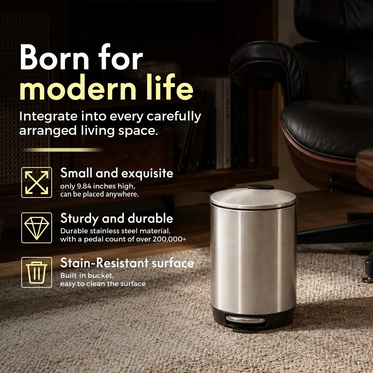 Small Trash Can 3L Stainless Steel Step Pedal Lid Removable Bucket Bathroom