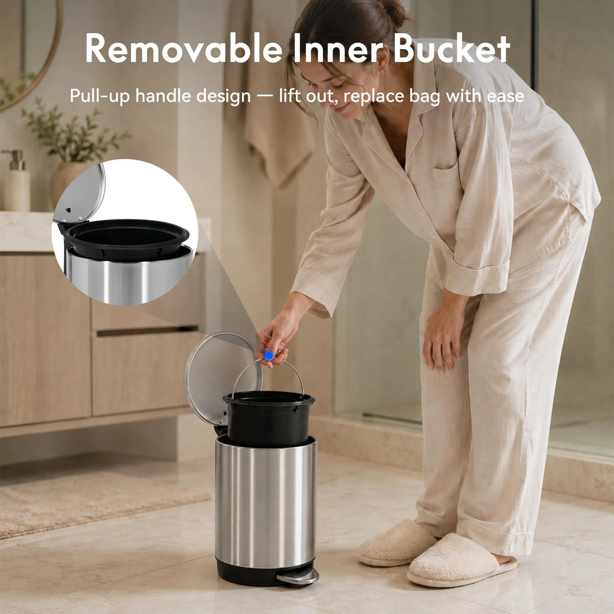 Small Trash Can 3L Stainless Steel Step Pedal Lid Removable Bucket Bathroom