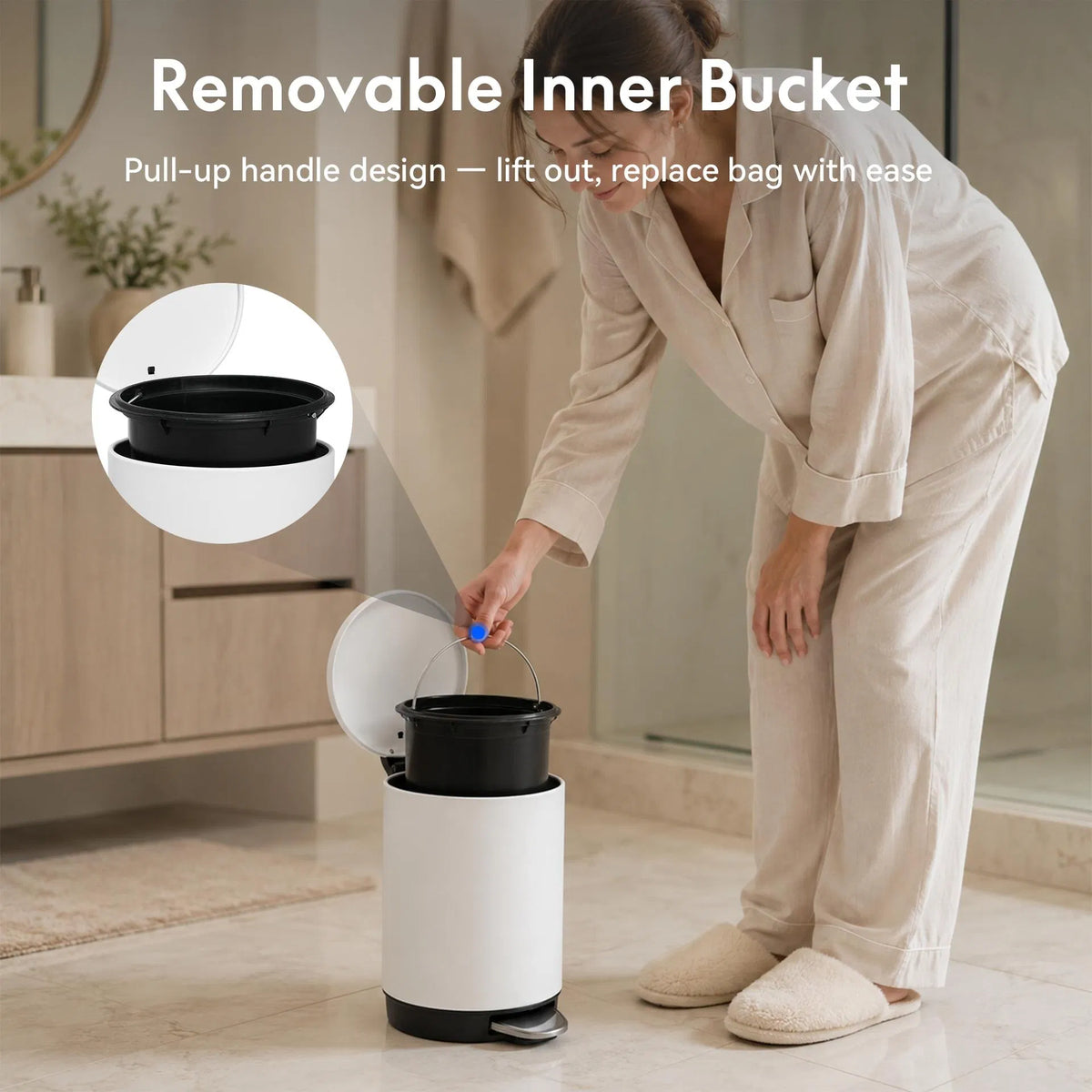 3L Bathroom Trash Can Stainless Steel Foot Pedal Removable Inner Bucket White