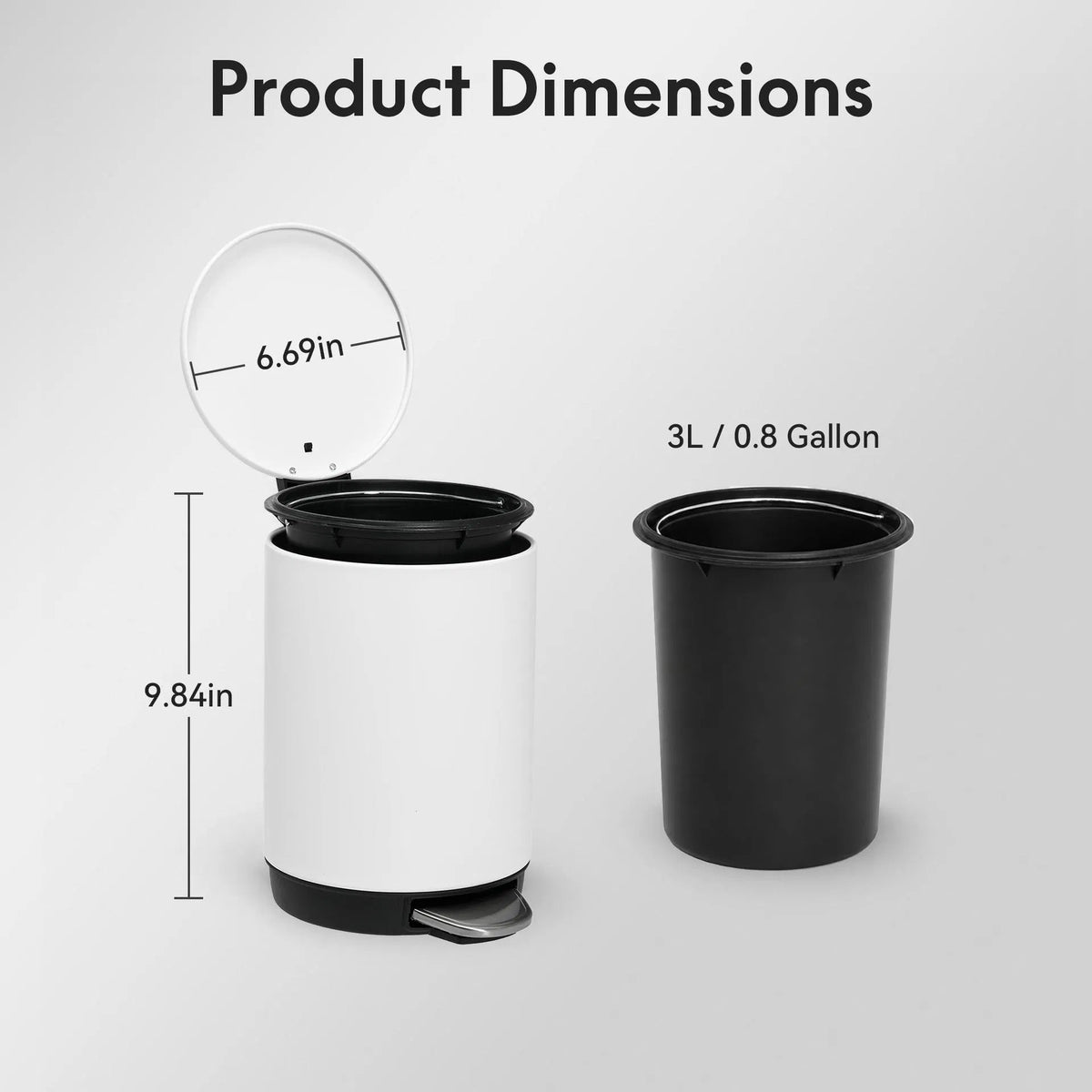 3L Bathroom Trash Can Stainless Steel Foot Pedal Removable Inner Bucket White