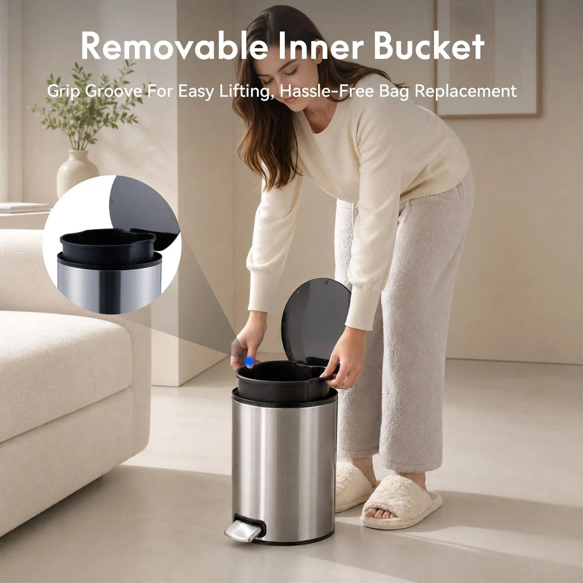 5L Stainless Steel Trash Can Small Bathroom Step Pedal Lid Removable Inner Bucket