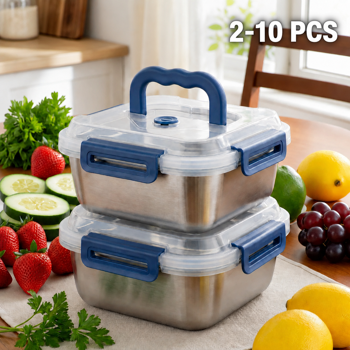 Stainless Steel Food Containers 1800ml Leakproof Stackable Meal Prep Lunch Box