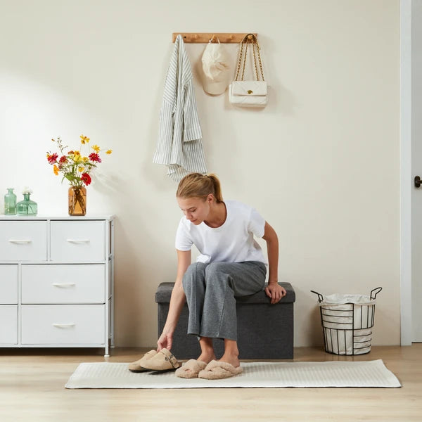 Storage Ottoman Bench 30 43 Inch Folding Padded Seat Footrest Dark Gray Linen
