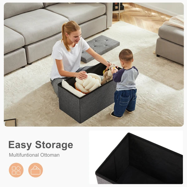 Storage Ottoman Bench 30 43 Inch Folding Padded Seat Footrest Dark Gray Linen