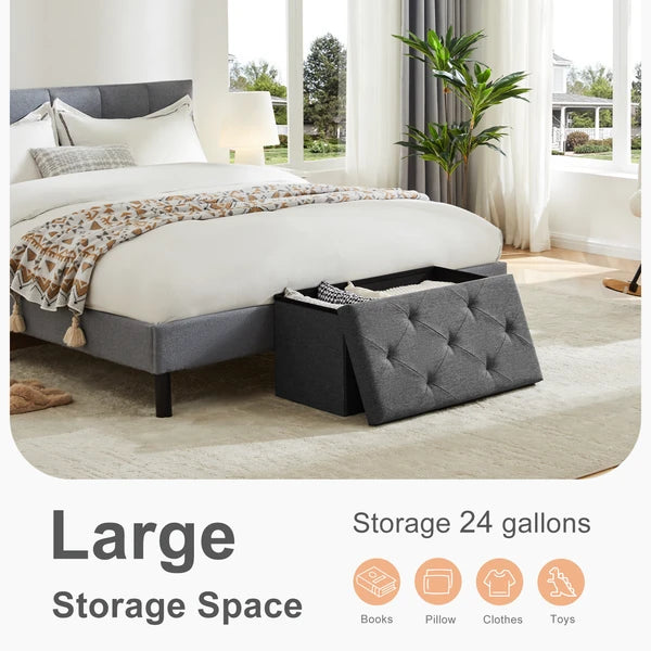Storage Ottoman Bench 30 43 Inch Folding Padded Seat Footrest Dark Gray Linen