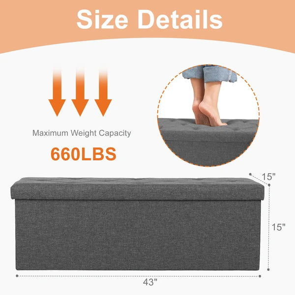 Storage Ottoman Bench 30 43 Inch Folding Padded Seat Footrest Dark Gray Linen