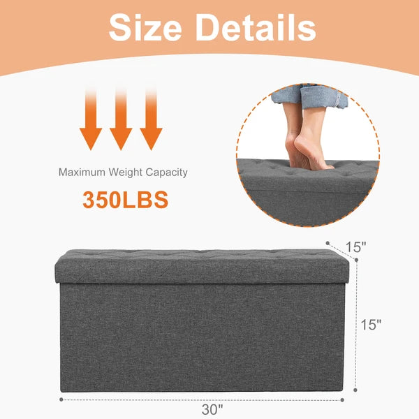Storage Ottoman Bench 30 43 Inch Folding Padded Seat Footrest Dark Gray Linen