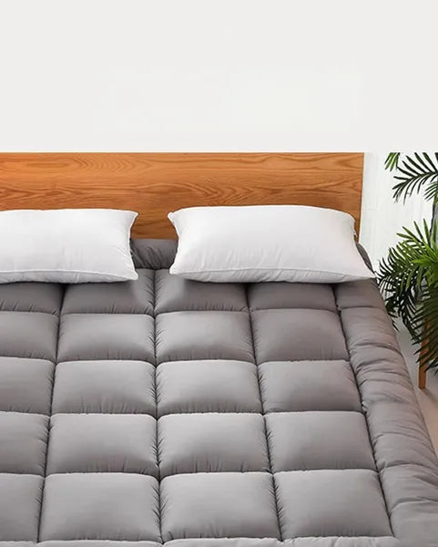 King Size Mattress Topper Gray Thick Quilted Pad Pillow Top Corner Straps