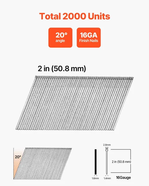VEVOR 16 Gauge 2 Inch 20 Degree Angled Finish Nails 2000 Count Galvanized