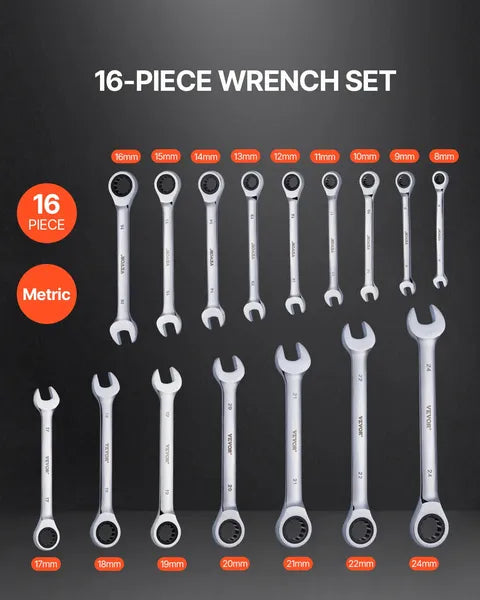 VEVOR 16 Piece Metric Ratcheting Wrench Set Cr-V Steel with Rack