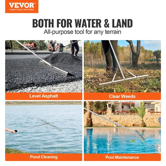 VEVOR Landscape Rake 36in Head Aluminum Lake Weed Rake 75in Long Handle