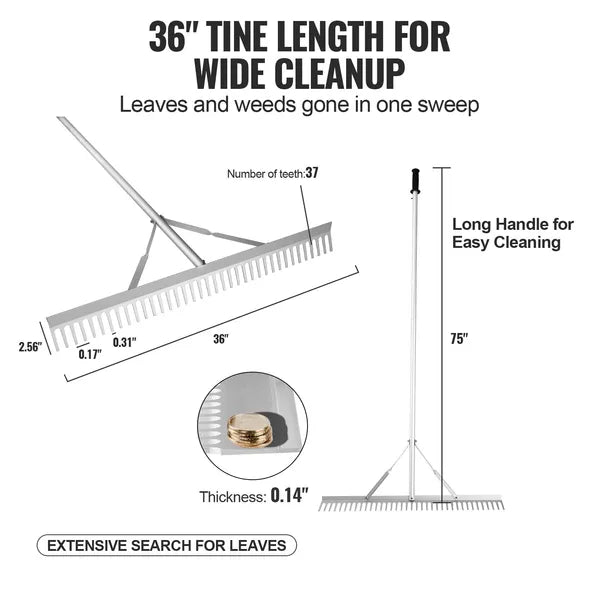VEVOR Landscape Rake 36in Head Aluminum Lake Weed Rake 75in Long Handle