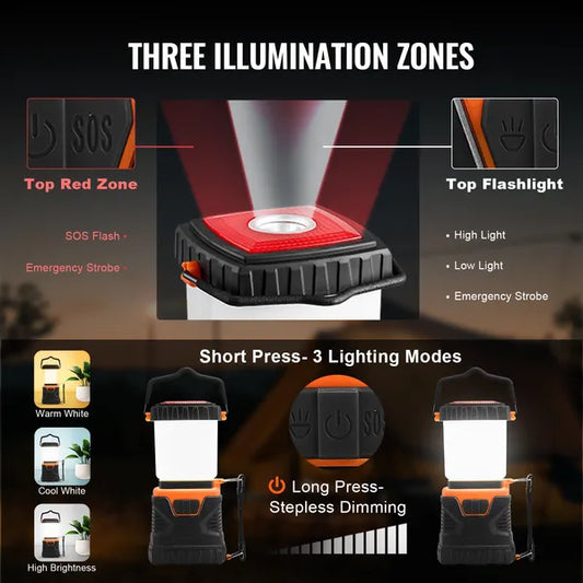 VEVOR LED Camping Lantern 1000LM Battery Powered 360° Light 4 Modes