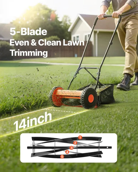 VEVOR 14 Inch Push Reel Lawn Mower Manual 5 Blade with Grass Catcher