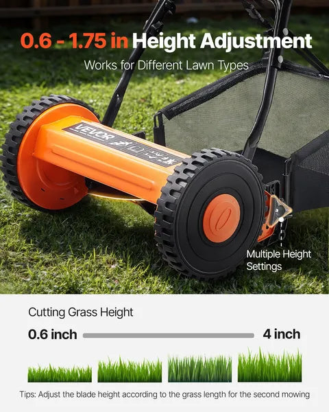 VEVOR 14 Inch Push Reel Lawn Mower Manual 5 Blade with Grass Catcher
