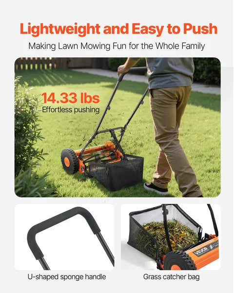 VEVOR 14 Inch Push Reel Lawn Mower Manual 5 Blade with Grass Catcher
