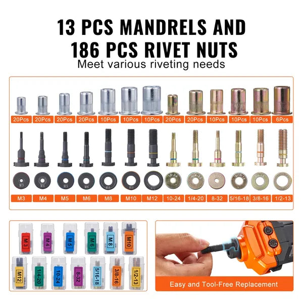 VEVOR 16 Inch Rivet Nut Tool Kit Rivnut Gun with 13 Mandrels 186 Nuts
