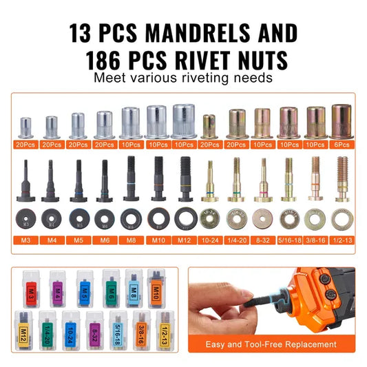 VEVOR 16 Inch Rivet Nut Tool Kit Rivnut Gun with 13 Mandrels 186 Nuts