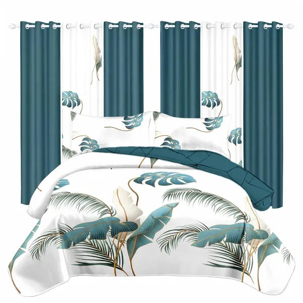 9 Piece Tropical Palm Leaf Bedspread Curtain Set Queen King Cal King Bedding