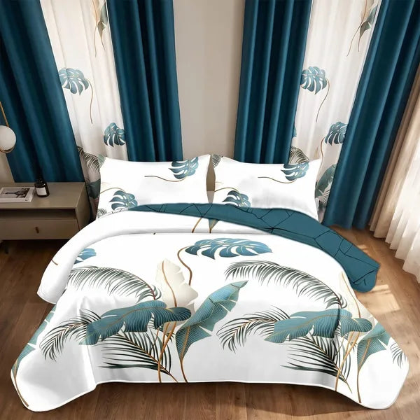 9 Piece Tropical Palm Leaf Bedspread Curtain Set Queen King Cal King Bedding