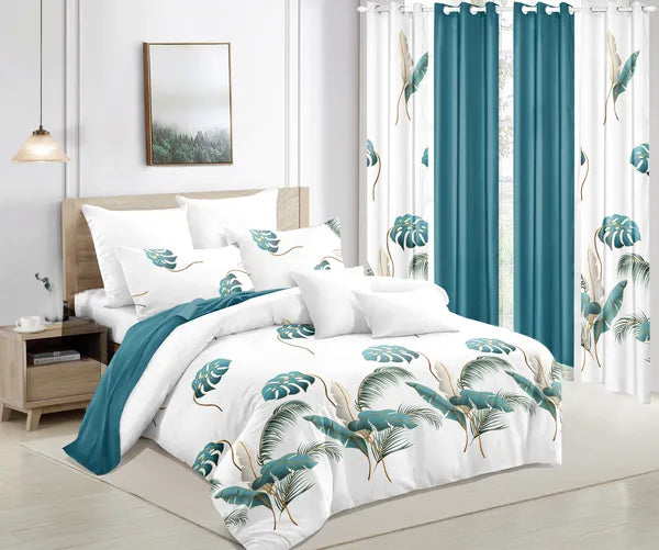 9 Piece Tropical Palm Leaf Bedspread Curtain Set Queen King Cal King Bedding