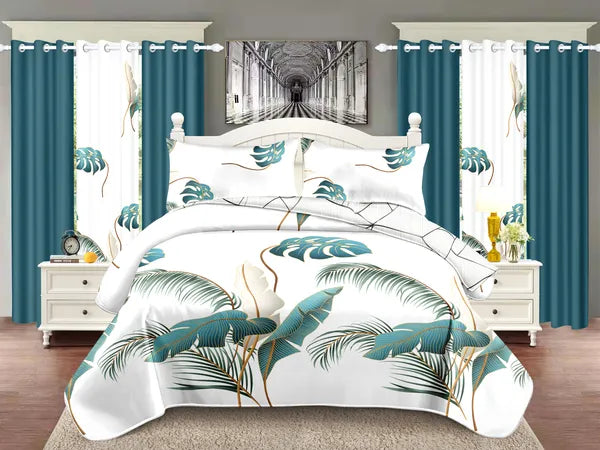 9 Piece Tropical Palm Leaf Bedspread Curtain Set Queen King Cal King Bedding