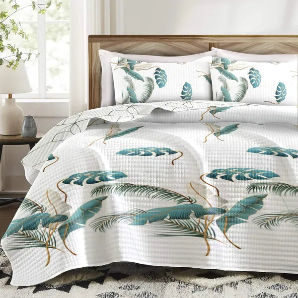 9 Piece Tropical Palm Leaf Bedspread Curtain Set Queen King Cal King Bedding